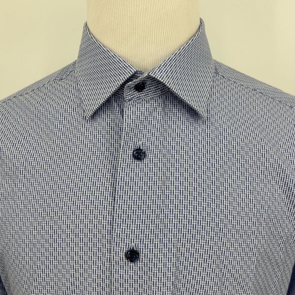 David Donahue Men's Trim Fit Blue Checkered Cotton Dress Shirt 17.5 - Picture 2 of 8